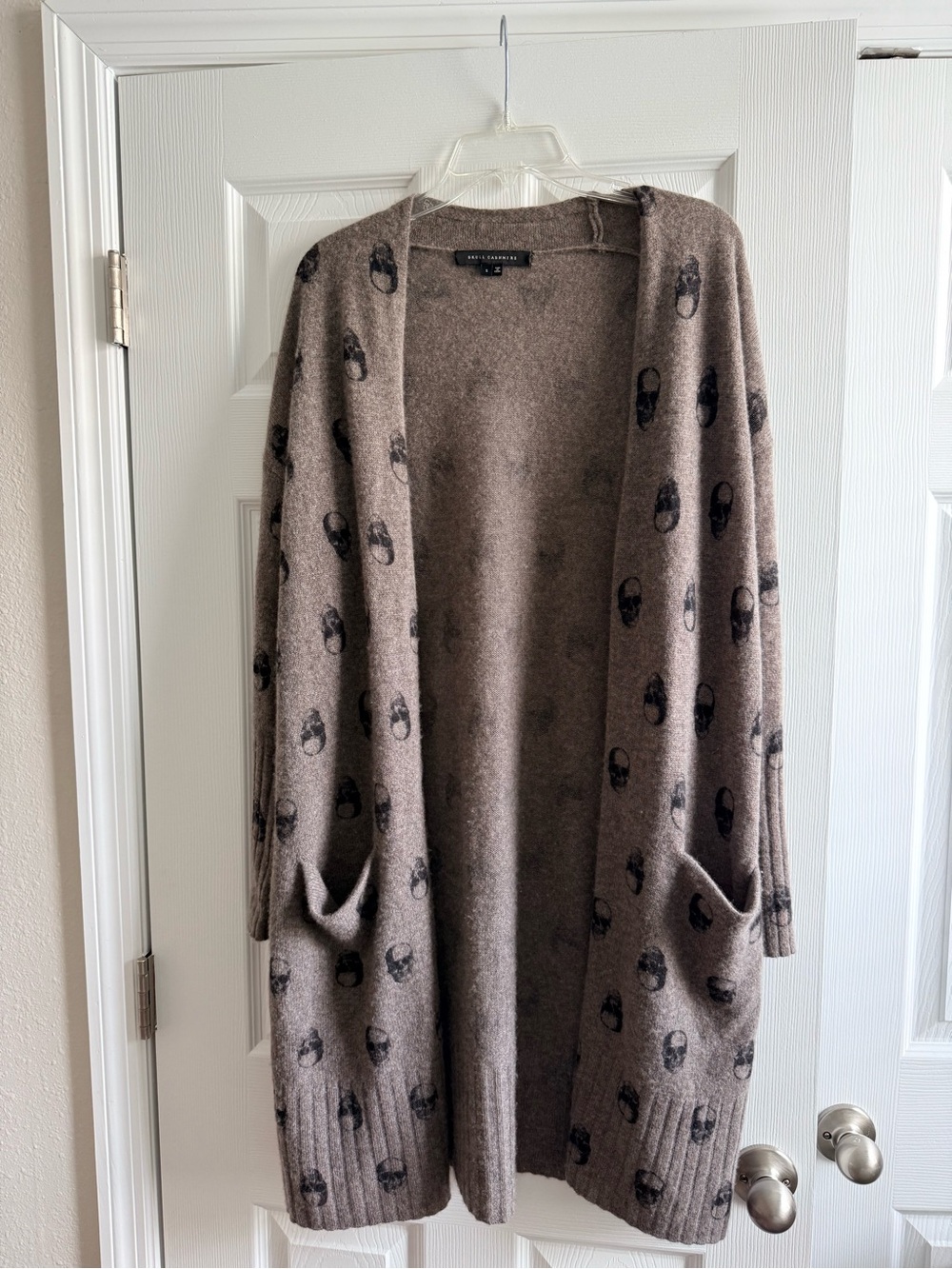 Skull Cashmere Taupe & Black Skull-Print Open Cardigan